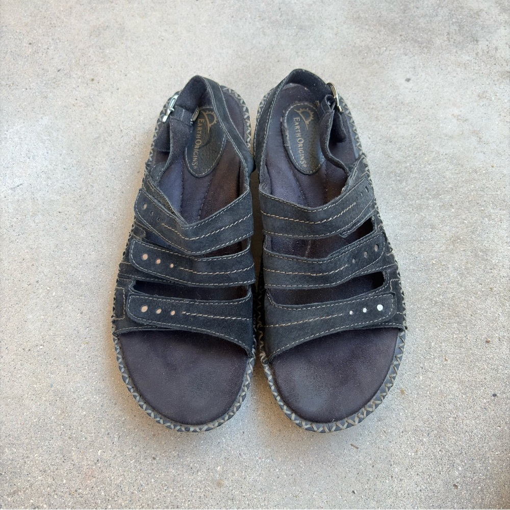 Earth Origins Womens 9.5 Black Leather Adjustable Strappy Comfort Sandals Shoes